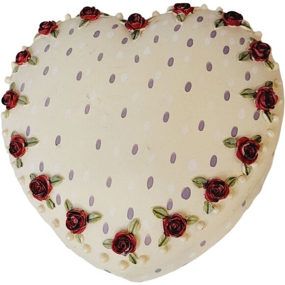 Vintage Large Heart Shaped Lidded Trinket Box With 3D Flowers Hand Painted - Picture 1 of 14